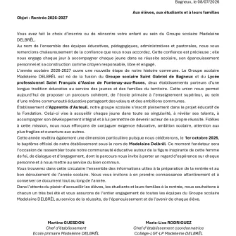 Lettre de rentrée